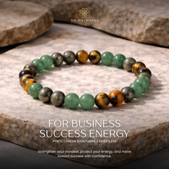 Business Success Energy Bracelet with stones on a stone surface, featuring text about business success energy.