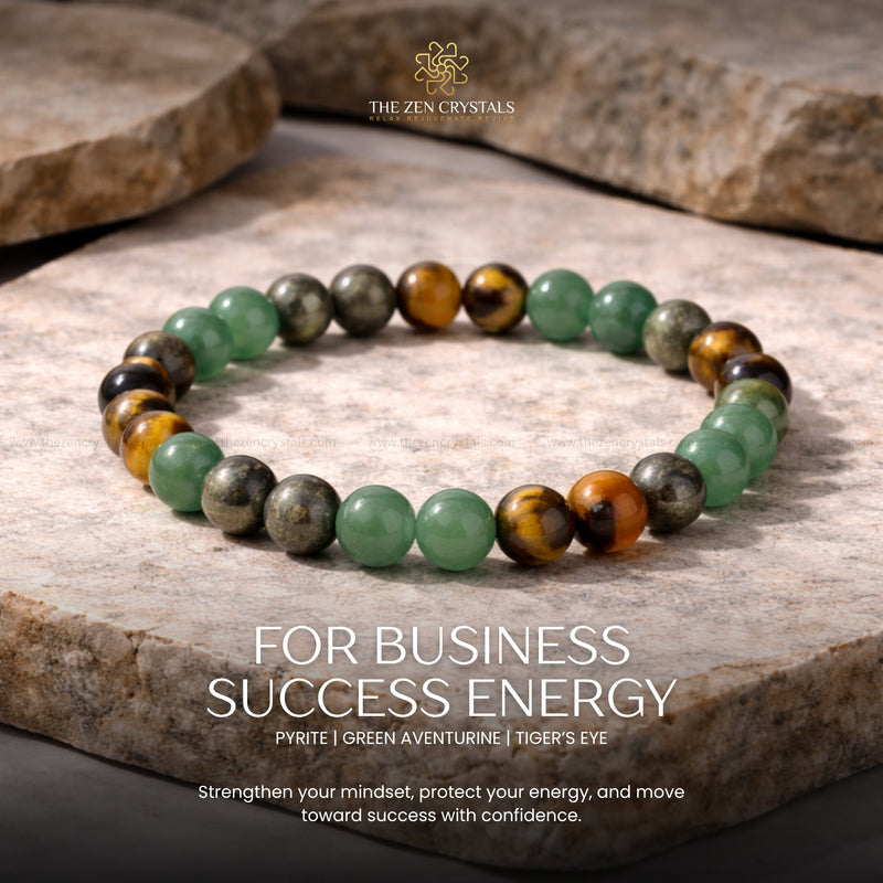 Business Success Energy Bracelet with stones on a stone surface, featuring text about business success energy.