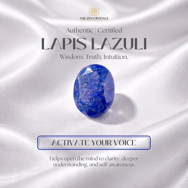 Lapis Lazuli stone on a white satin background with branding and text about its properties.