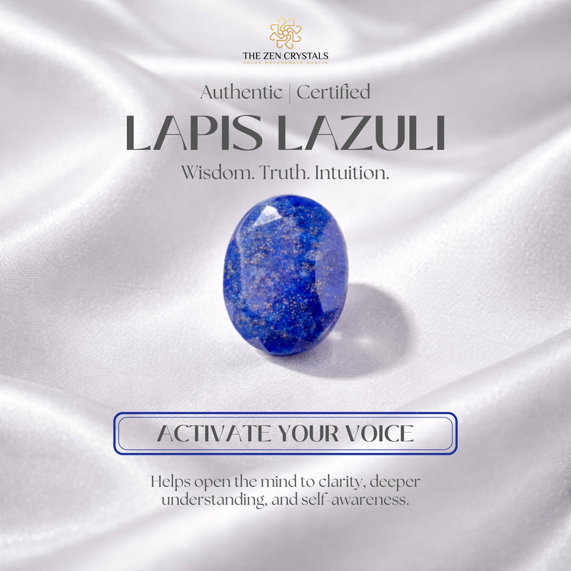 Lapis Lazuli stone on a white satin background with branding and text about its properties.