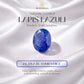 Lapis Lazuli stone on a white satin background with branding and text about its properties.