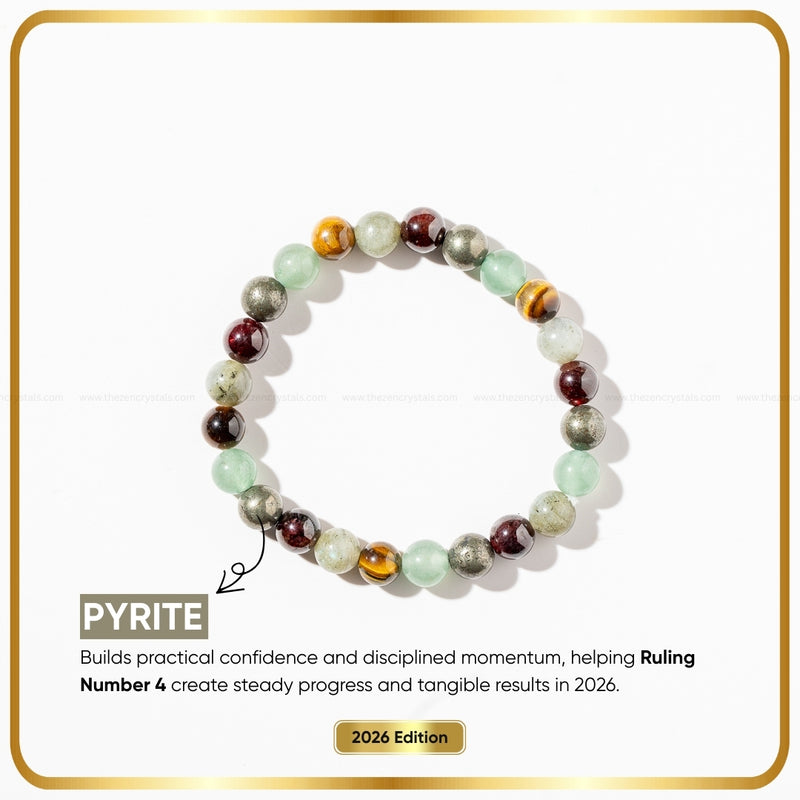 Ruling Number (मूलांक) 4 Bracelet 2026 with text about pyrite and its benefits on a white background.