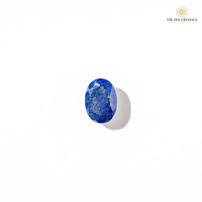 Lapis Lazuli stone on a white background with 'The Zen Crystals' logo.