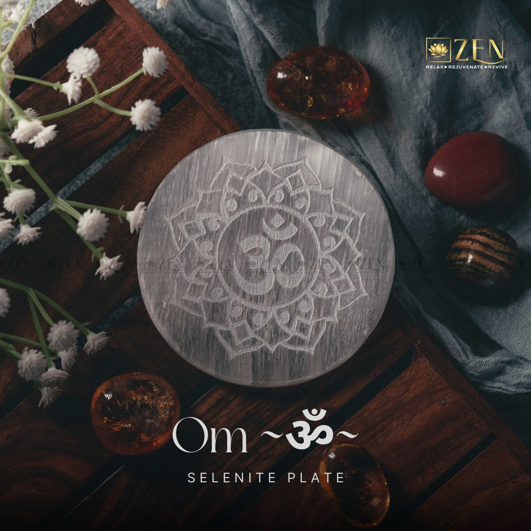 Selenite Plate - OM Symbol | The Zen Crystals