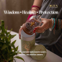 Person holding a crystal jar with 'Zen' brand, surrounded by amethyst chips and plants.