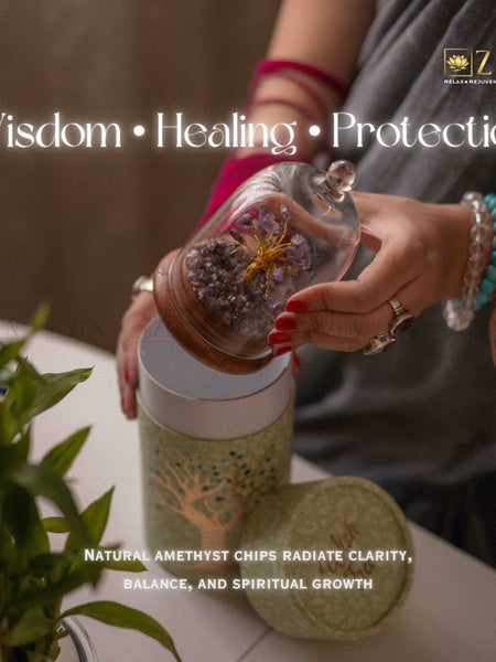 Person holding a crystal jar with 'Zen' brand, surrounded by amethyst chips and plants.