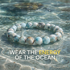 larimar bracelet with ocean-themed design on water, featuring 'The Zen Crystals' brand.