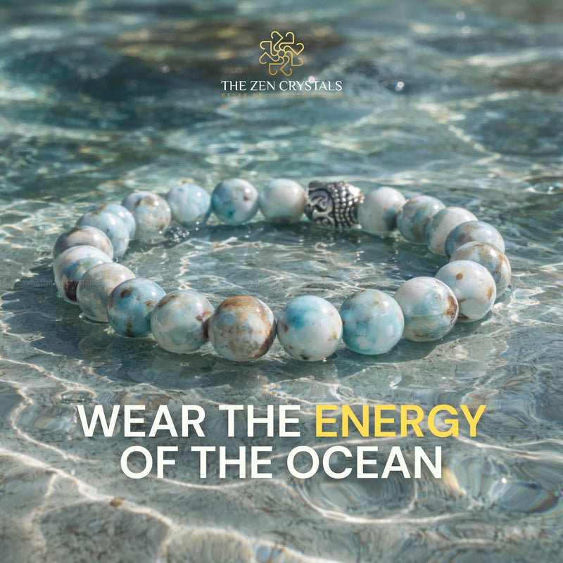larimar bracelet with ocean-themed design on water, featuring 'The Zen Crystals' brand.