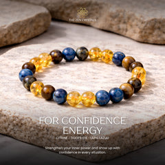 Confidence Energy Bracelet on a stone surface with 'The Zen Crystals' branding.