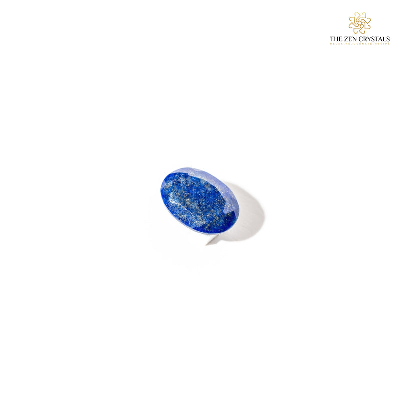 Lapis Lazuli crystal in a white speech bubble with 'The Zen Crystals' logo.