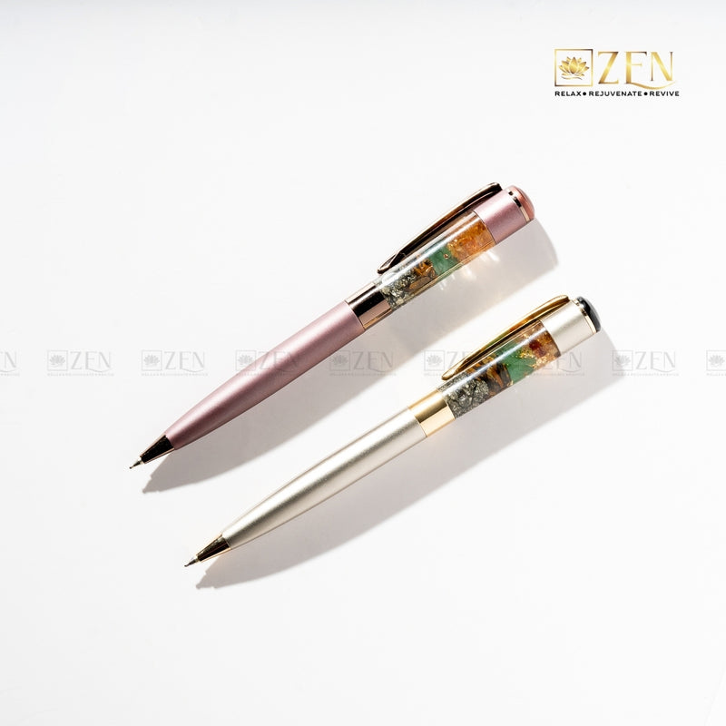 Money Magnet - Ballpoint Pen in Metallic Pink with Pyrite, Tiger Eye, Green Aventurine, and Citrine crystal chunks inside the barrel | the zen crystals