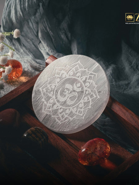 Selenite Plate - OM Symbol | The Zen Crystals