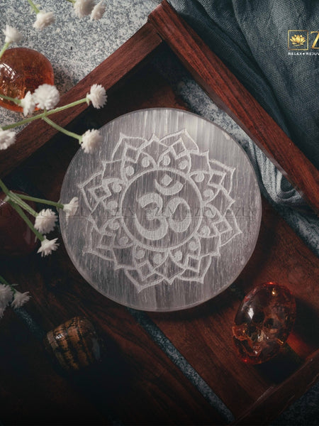 Selenite Plate - OM Symbol | The Zen Crystals