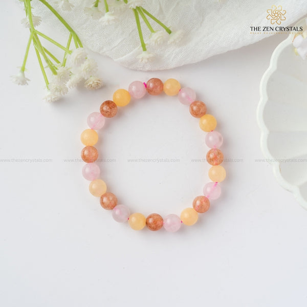 happiness and tranquility bracelet  on a white surface with a subtle background