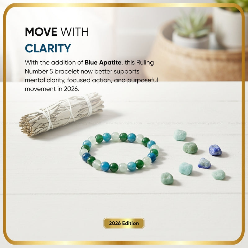Ruling Number (मूलांक) 5 Bracelet 2026 with stones and sage on a white surface, promotional text overlay.