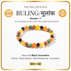 ruling number 1 bracelet with text about gemstones and a certification logo on a white background.