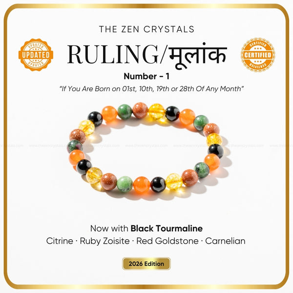 ruling number 1 bracelet with text about gemstones and a certification logo on a white background.