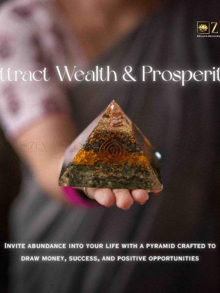 Person holding a money magnet pyramid-shaped crystal with text about attracting wealth and prosperity, branded 'ZEN'.
