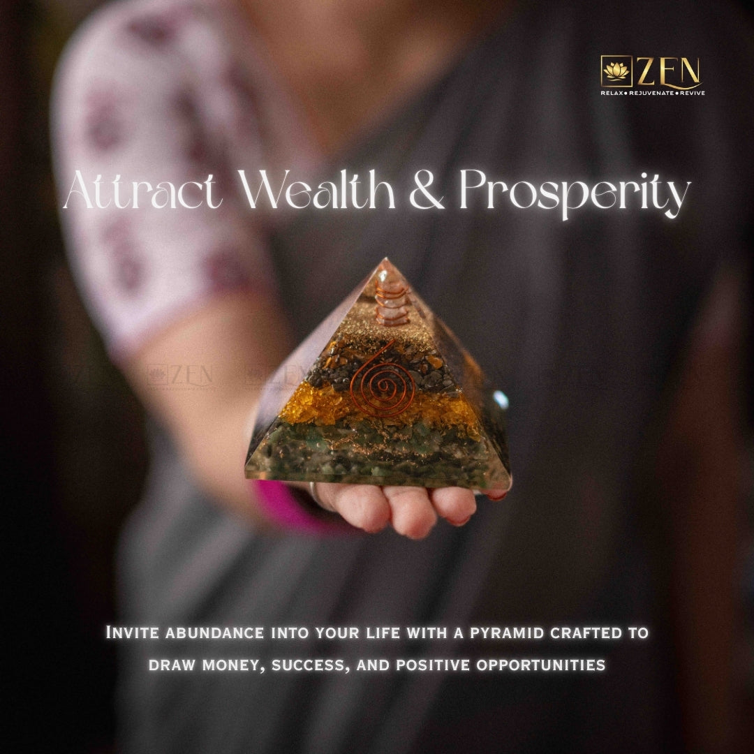 Person holding a money magnet pyramid-shaped crystal with text about attracting wealth and prosperity, branded 'ZEN'.