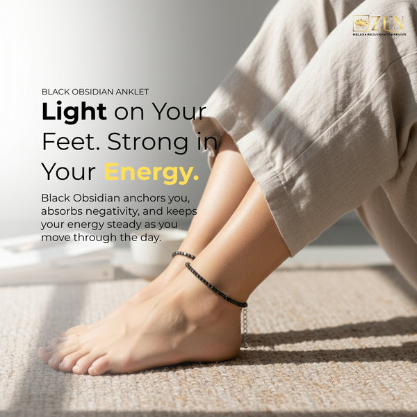 Person wearing a the zen crystals black obsidian anklet