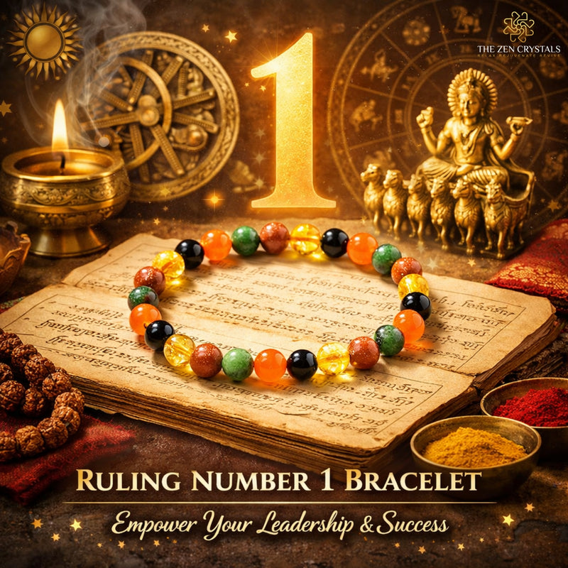 Ruling Number 1 bracelet on an ancient text with astrological symbols and a candle