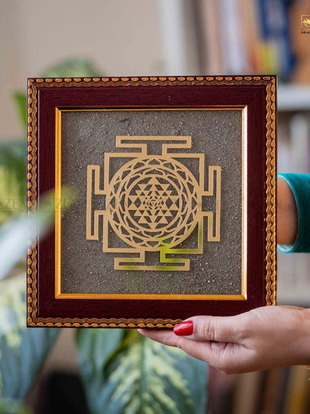 Handcrafted Shri Yantra Frame Featuring Pyrite Particles and MDF Fiber Frame by The Zen Crystals