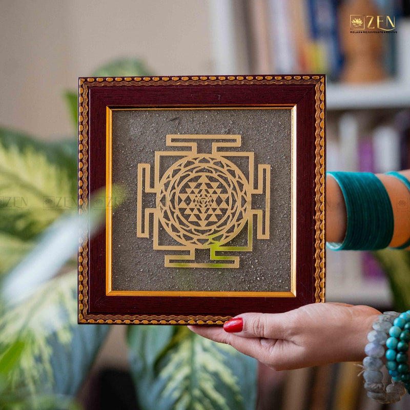 Handcrafted Shri Yantra Frame Featuring Pyrite Particles and MDF Fiber Frame by The Zen Crystals