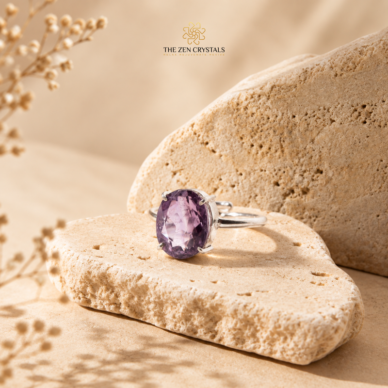 A silver ring with an oval purple amethyst crystal setting, displayed on a textured beige stone against a warm sandy background. The brand logo 'THE ZEN CRYSTALS' is visible at the top center.