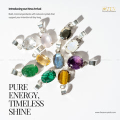 Jewelry advertisement featuring pendants with natural crystals on a white background, with 'Zen Crystals' branding.