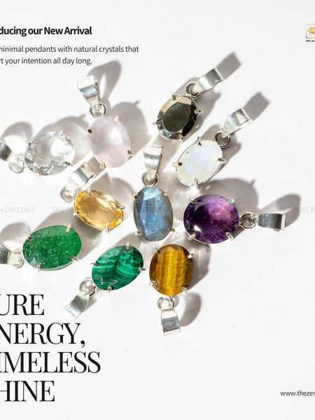 Jewelry advertisement featuring pendants with natural crystals on a white background, with 'Zen Crystals' branding.