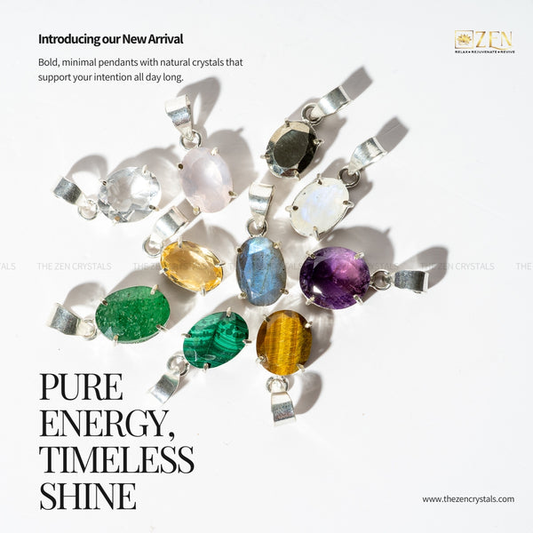 Jewelry advertisement featuring pendants with natural crystals on a white background, with 'Zen Crystals' branding.