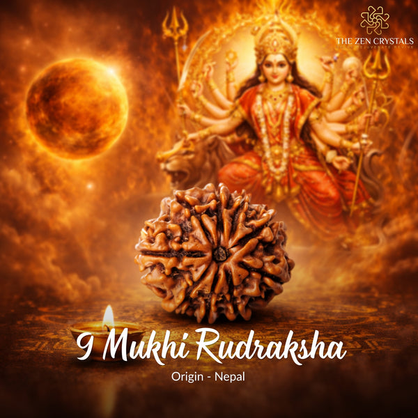Nine Mukhi Rudraksha with a deity figure and celestial elements on a warm-toned background.