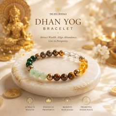 Dhan Yog bracelet with stones on a marble stone, surrounded by decorative elements and text about its benefits.