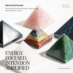 Collection of natural crystal pyramids with promotional text and branding on a white background