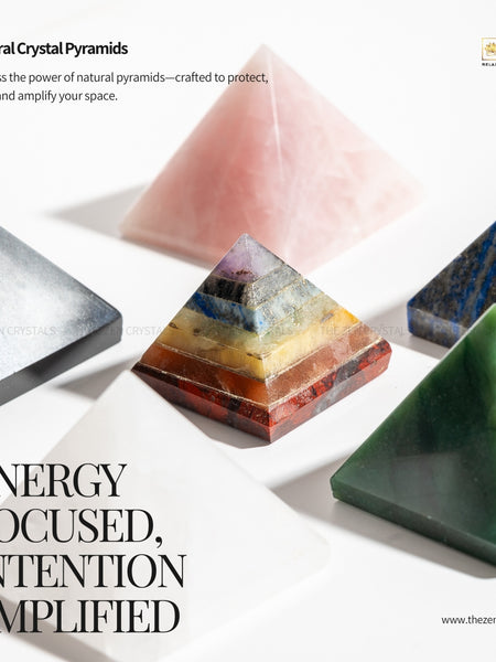 Collection of natural crystal pyramids with promotional text and branding on a white background