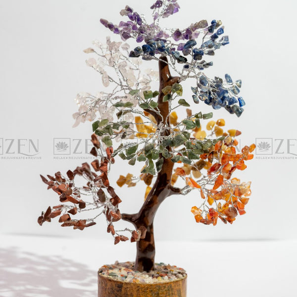 7 Chakra Good Luck Crystal Tree - 500 Chips | Wood Base | For Overall Well Being | The Zen Crystals