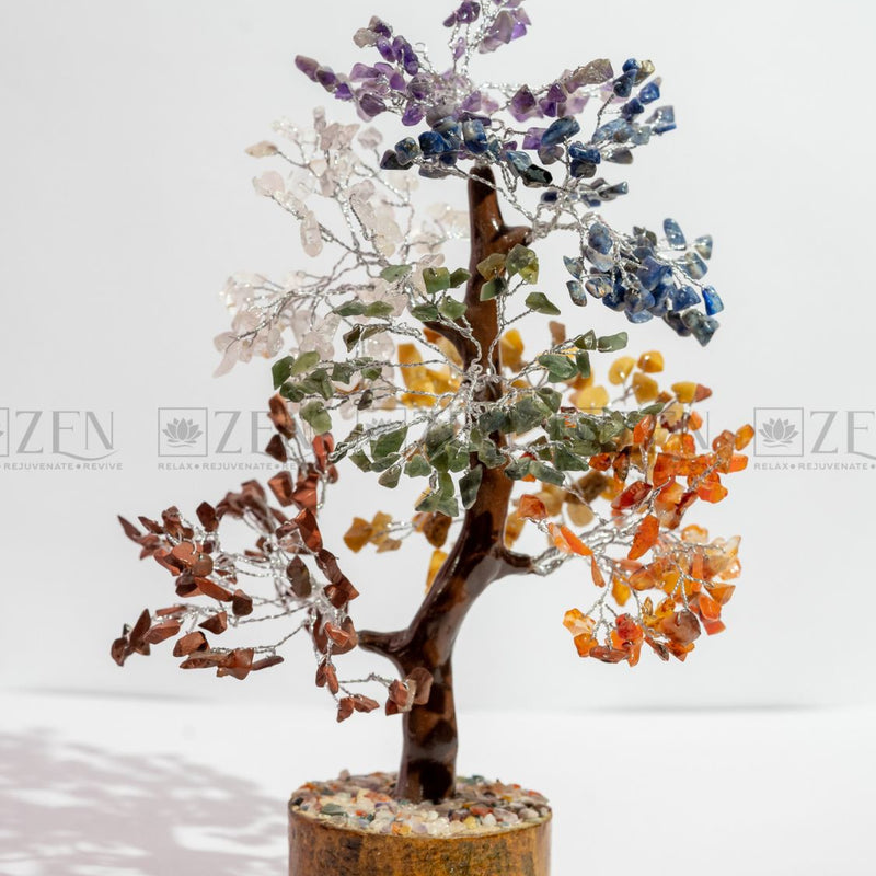 7 Chakra Good Luck Crystal Tree - 500 Chips | Wood Base | For Overall Well Being | The Zen Crystals