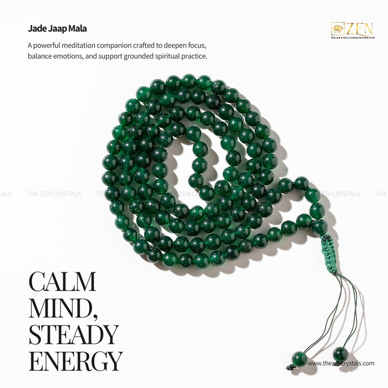 Jade meditation mala beads with tassel on a white background, featuring text about its benefits.