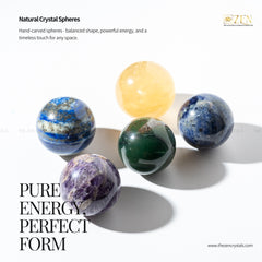 Five natural crystal spheres on a white background with 'Zen' branding.