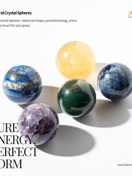 Five natural crystal spheres on a white background with 'Zen' branding.