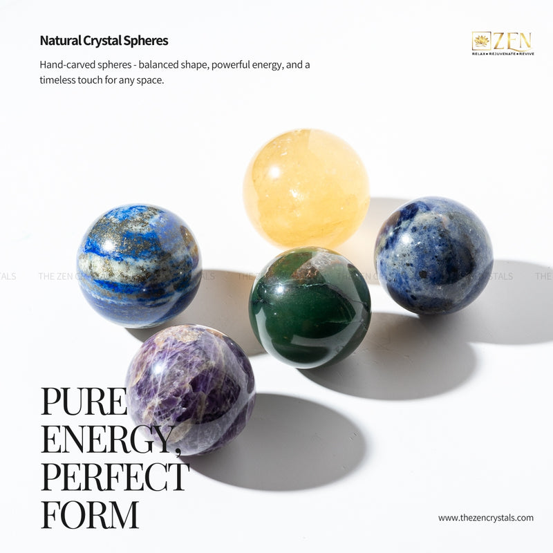 Five natural crystal spheres on a white background with 'Zen' branding.