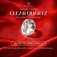Clear quartz crystal on red fabric with promotional text for The Zen Crystals brand.