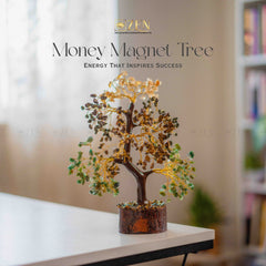 Decorative money magnet tree on a table with 'Zen' brand logo above.