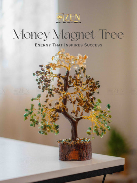 Decorative money magnet tree on a table with 'Zen' brand logo above.