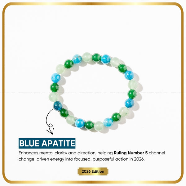 Ruling Number (मूलांक) 5 Bracelet 2026 with blue and green stones on a white background, labeled 'Blue Apatite'.
