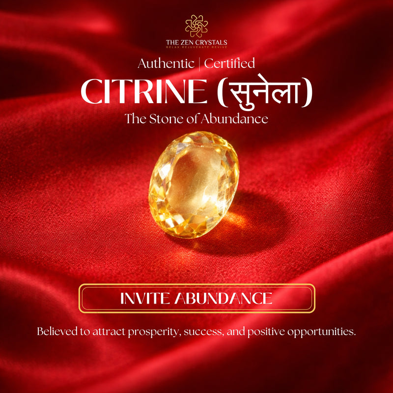 Citrine gemstone on red fabric with branding and text about abundance and prosperity.