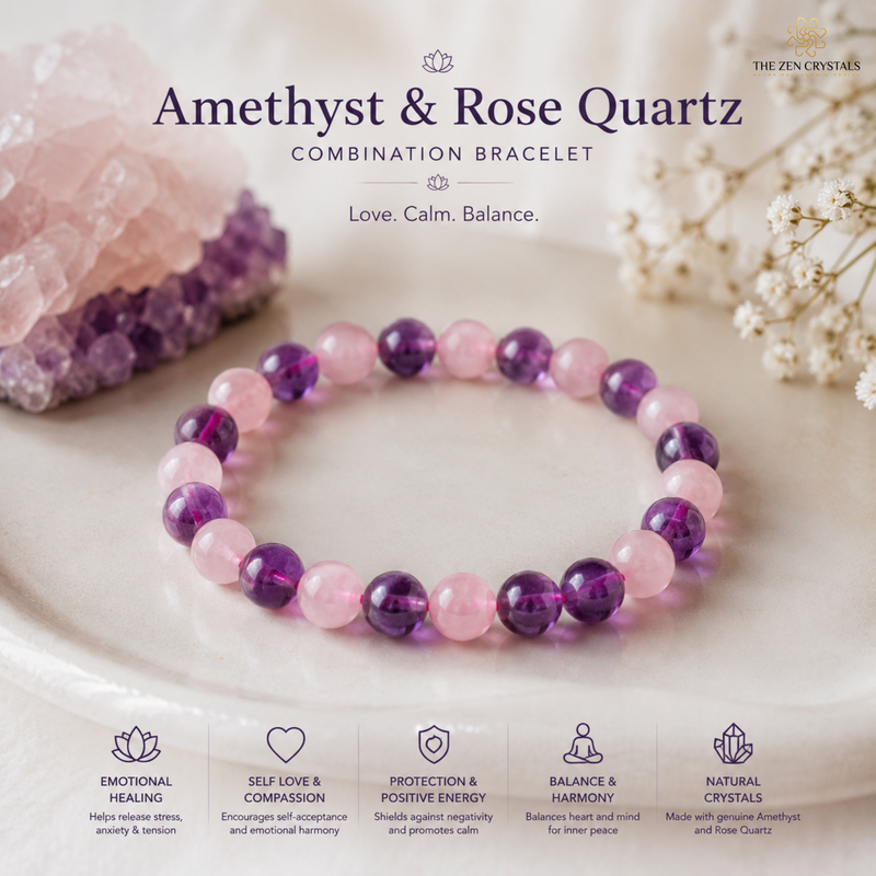 Amethyst and rose quartz bracelet with crystals and flowers on a light background