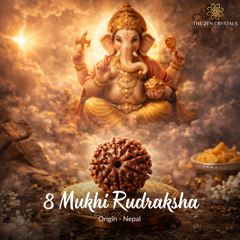 Statue of a deity with an 8 Mukhi Rudraksha in front, set against a mystical background.