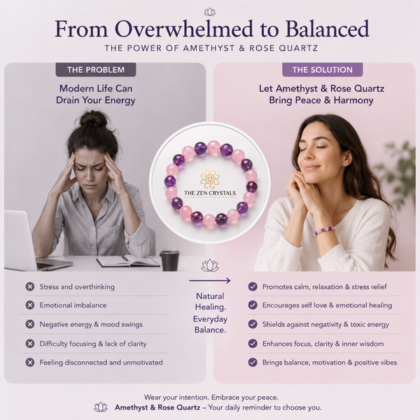 Advertisement for The Zen Crystals bracelet with two women, one stressed and one relaxed, and text about amethyst and rose quartz.