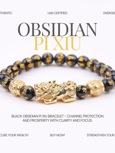 Black obsidian Pi Xiu bracelet with gold accents on a white background